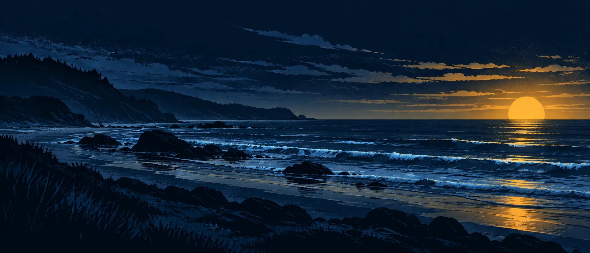 Illustrated moonlit coastline with a warm sun on the horizon