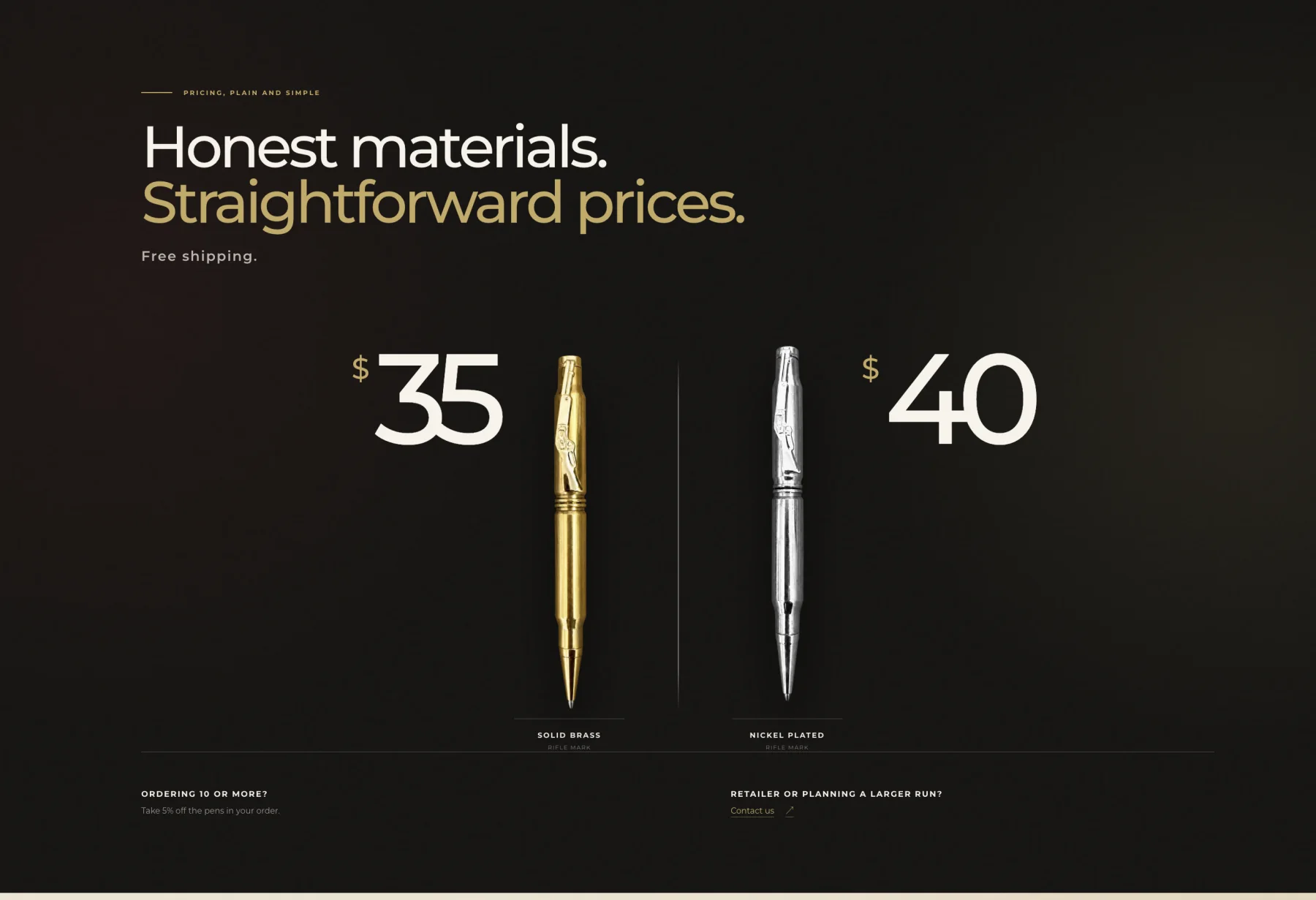 JST Adventures pricing section comparing brass and nickel-plated cartridge pens